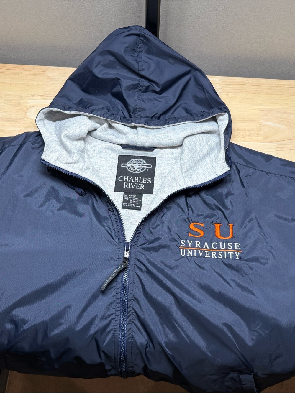 Syracuse University Charles River Apparel Nylon Navy Blue Hooded Jacket Size L